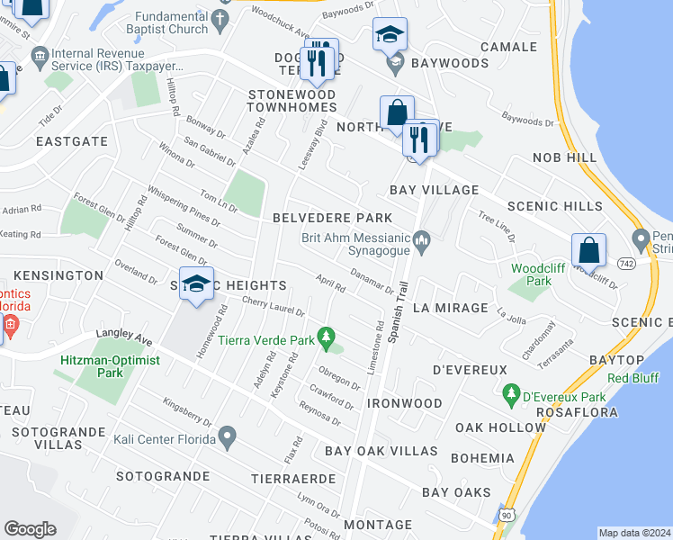 map of restaurants, bars, coffee shops, grocery stores, and more near 4191 Danamar Drive in Pensacola