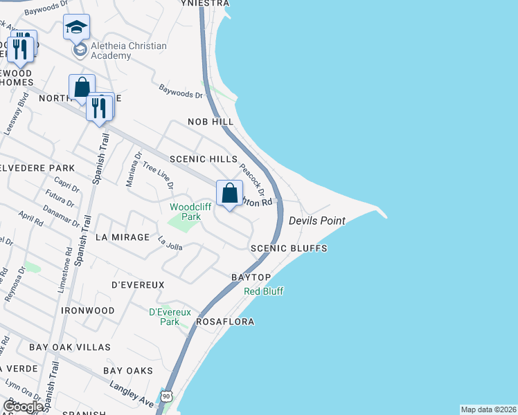 map of restaurants, bars, coffee shops, grocery stores, and more near 4900 Woodcliff Drive in Pensacola