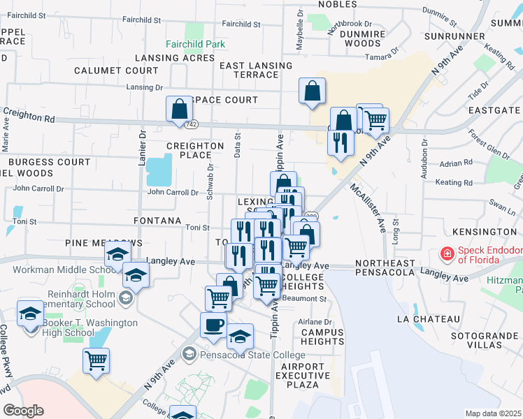 map of restaurants, bars, coffee shops, grocery stores, and more near 6520 Allyn Way in Pensacola