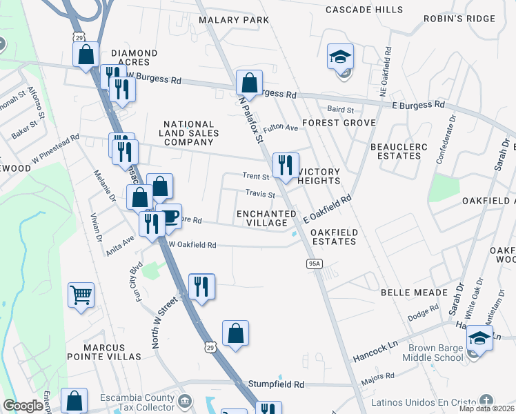 map of restaurants, bars, coffee shops, grocery stores, and more near 6823 Tiki Lane in Pensacola