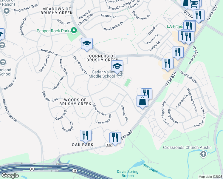 map of restaurants, bars, coffee shops, grocery stores, and more near 8005 Cornerwood Drive in Austin