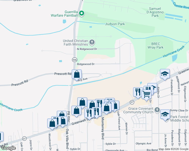 map of restaurants, bars, coffee shops, grocery stores, and more near 9352 Tracy Avenue in Baton Rouge