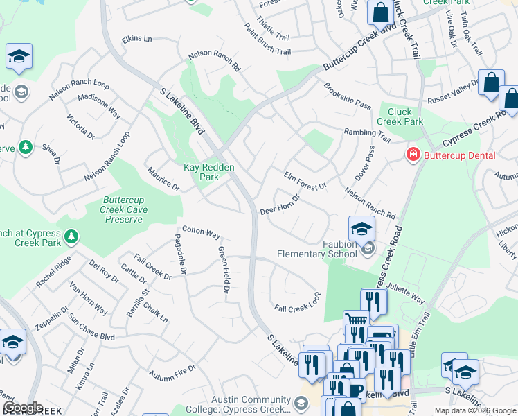 map of restaurants, bars, coffee shops, grocery stores, and more near 1411 Deer Horn Drive in Cedar Park