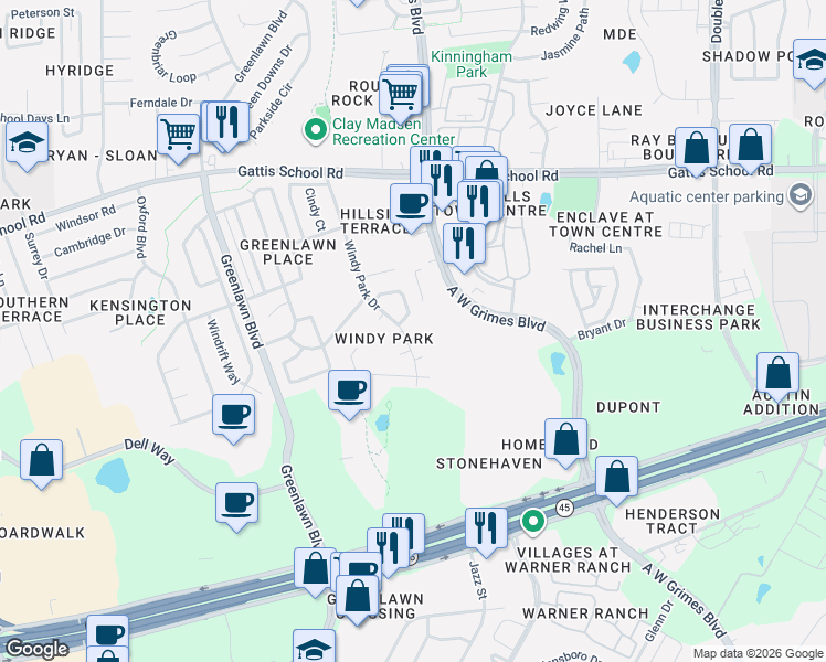 map of restaurants, bars, coffee shops, grocery stores, and more near 1600 Rosewood Court in Round Rock
