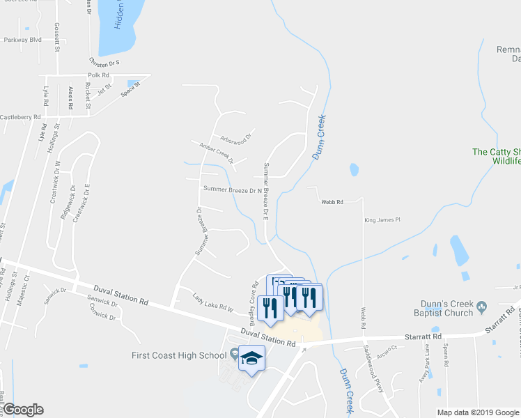 map of restaurants, bars, coffee shops, grocery stores, and more near 14098 Summer Breeze Drive East in Jacksonville