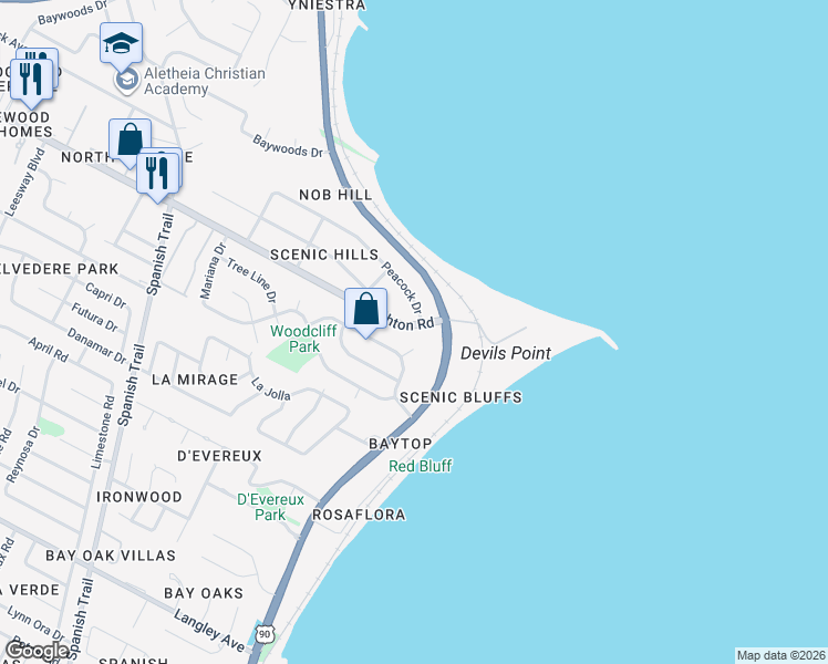 map of restaurants, bars, coffee shops, grocery stores, and more near 4900 Woodcliff Drive in Pensacola