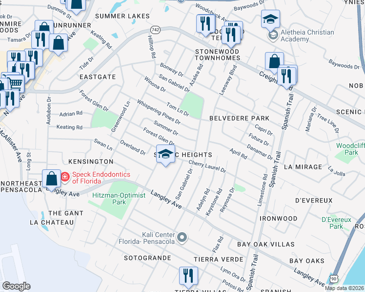 map of restaurants, bars, coffee shops, grocery stores, and more near 3850 Forest Glen Drive in Pensacola