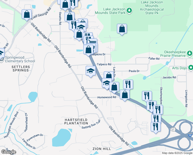 map of restaurants, bars, coffee shops, grocery stores, and more near 3420 North Monroe Street in Tallahassee
