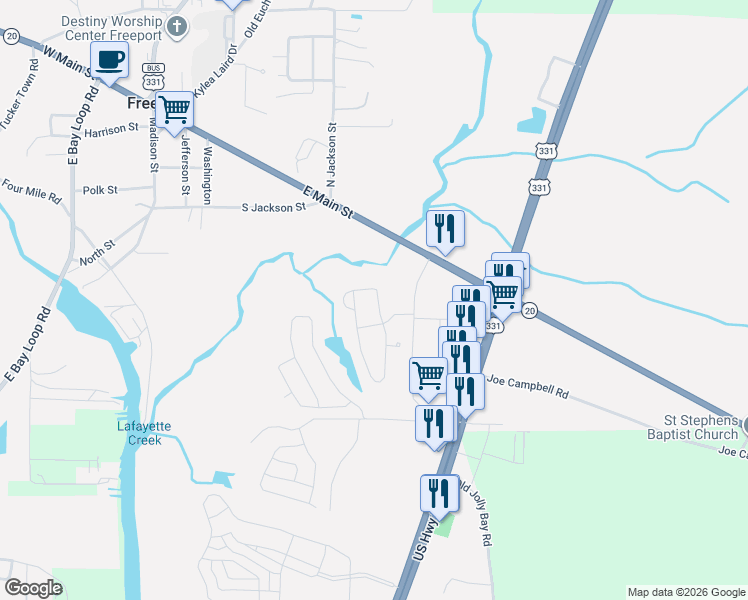 map of restaurants, bars, coffee shops, grocery stores, and more near 33 Marsh Landing North in Freeport
