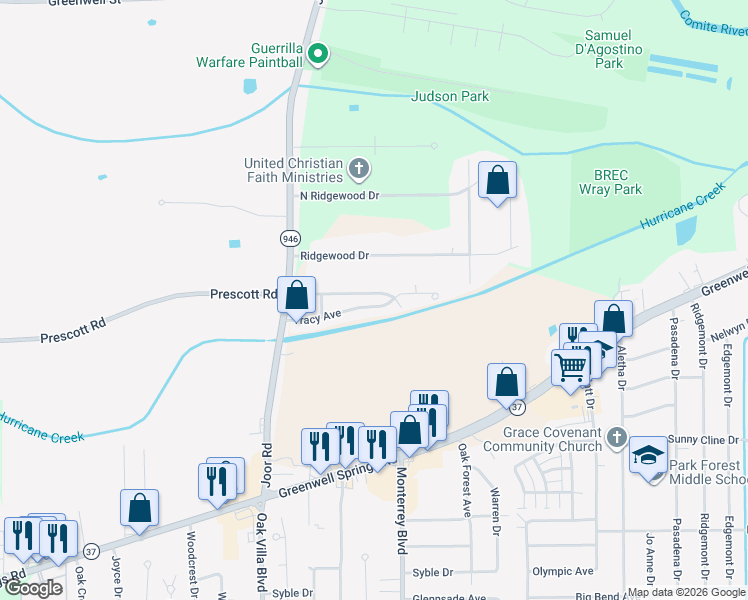 map of restaurants, bars, coffee shops, grocery stores, and more near 9352 Tracy Avenue in Baton Rouge