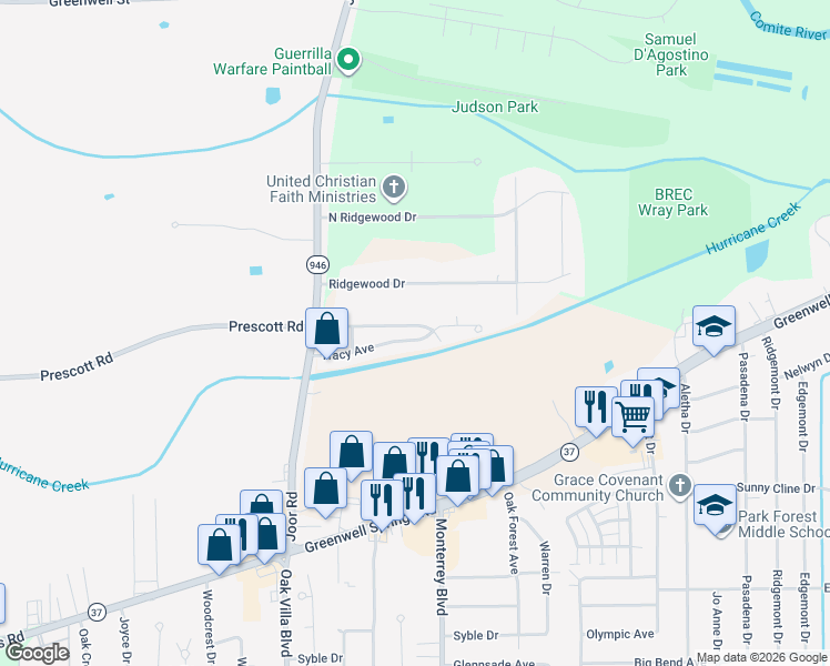 map of restaurants, bars, coffee shops, grocery stores, and more near 9352 Tracy Avenue in Baton Rouge