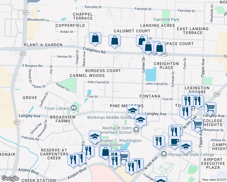 map of restaurants, bars, coffee shops, grocery stores, and more near 5802 Blaze Avenue in Pensacola