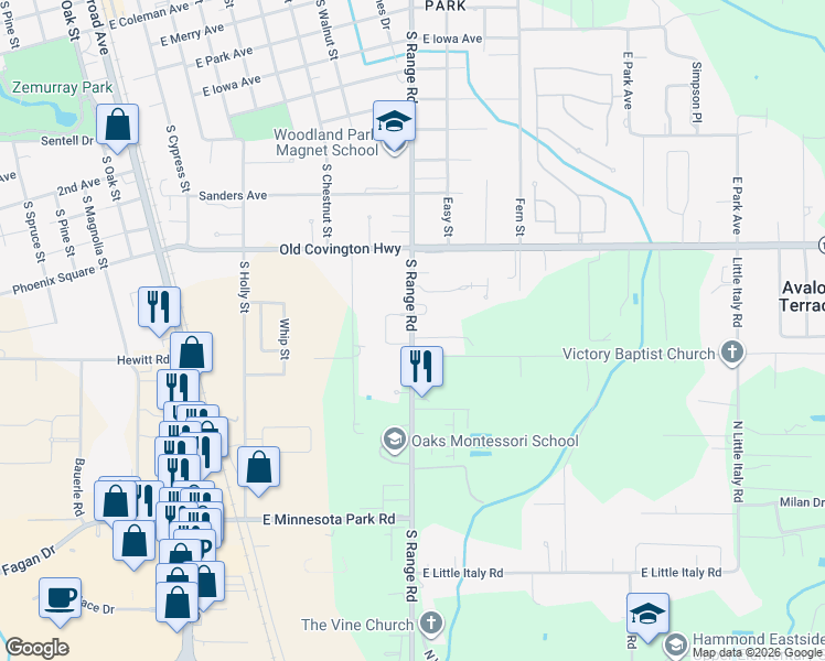 map of restaurants, bars, coffee shops, grocery stores, and more near 17184 Parker Lane in Hammond