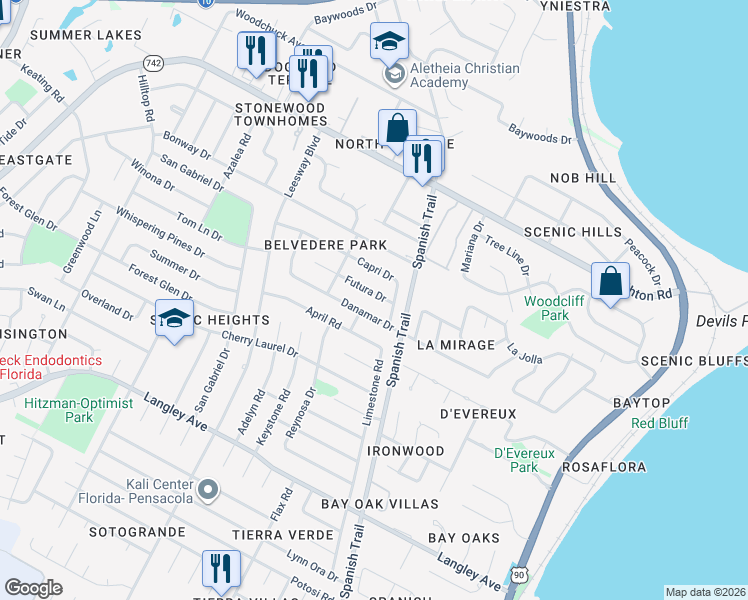 map of restaurants, bars, coffee shops, grocery stores, and more near 4237 Futura Drive in Pensacola