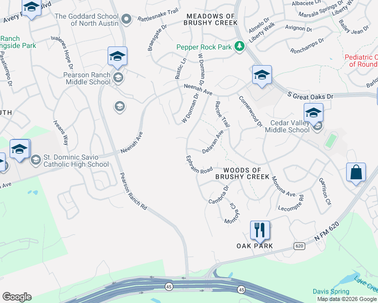 map of restaurants, bars, coffee shops, grocery stores, and more near 8600 Ephraim Road in Austin