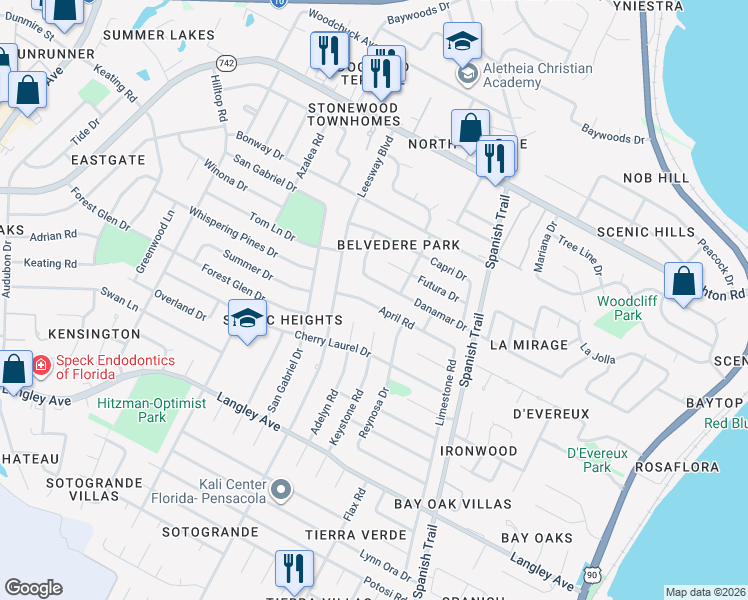 map of restaurants, bars, coffee shops, grocery stores, and more near 5970 Adelyn Road in Pensacola