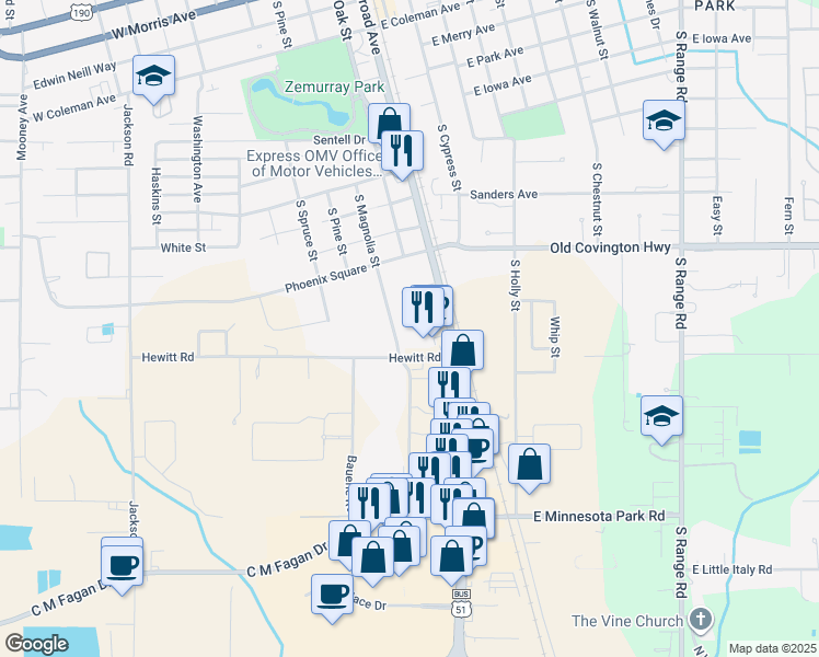 map of restaurants, bars, coffee shops, grocery stores, and more near 210 Hewitt Road in Hammond