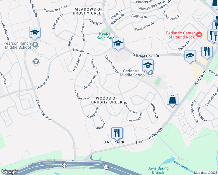 map of restaurants, bars, coffee shops, grocery stores, and more near 15701 Racine Cove in Austin