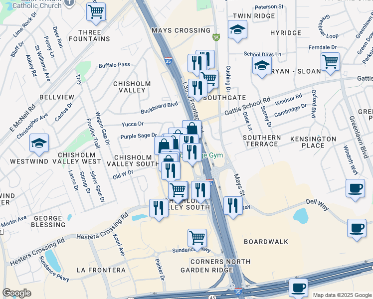 map of restaurants, bars, coffee shops, grocery stores, and more near 2026-2056 North Interstate 35 Frontage Road in Round Rock
