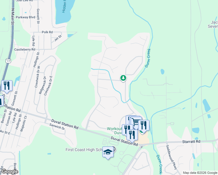 map of restaurants, bars, coffee shops, grocery stores, and more near 580 Hardeeville Court in Jacksonville