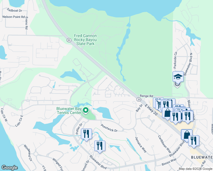 map of restaurants, bars, coffee shops, grocery stores, and more near 4325 American Poets Drive in Niceville