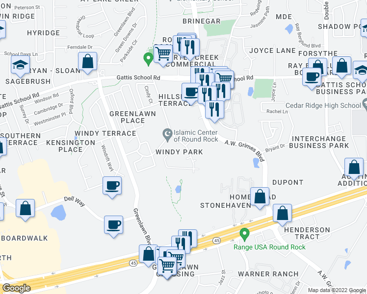 map of restaurants, bars, coffee shops, grocery stores, and more near 1600 Windy Park Drive in Round Rock
