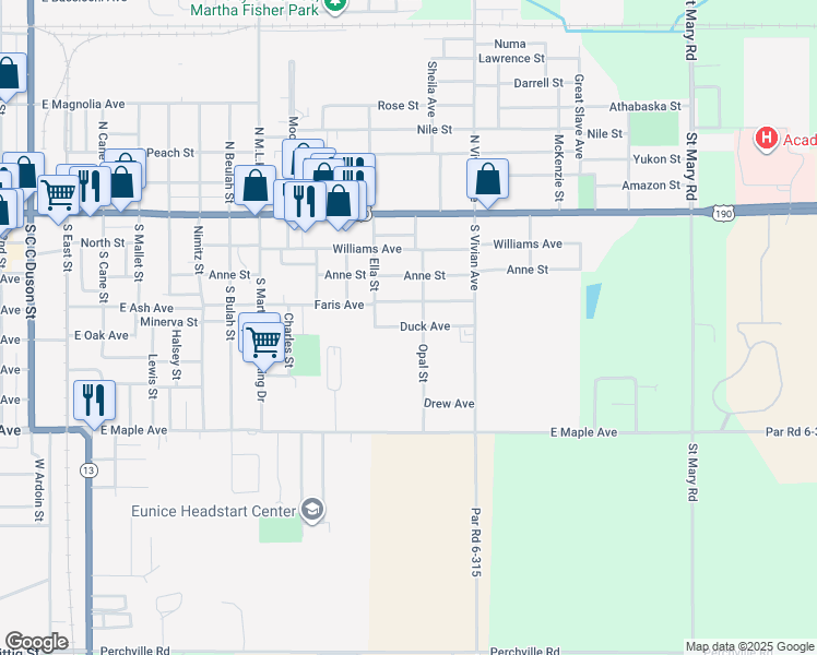 map of restaurants, bars, coffee shops, grocery stores, and more near 1341 Duck Avenue in Eunice