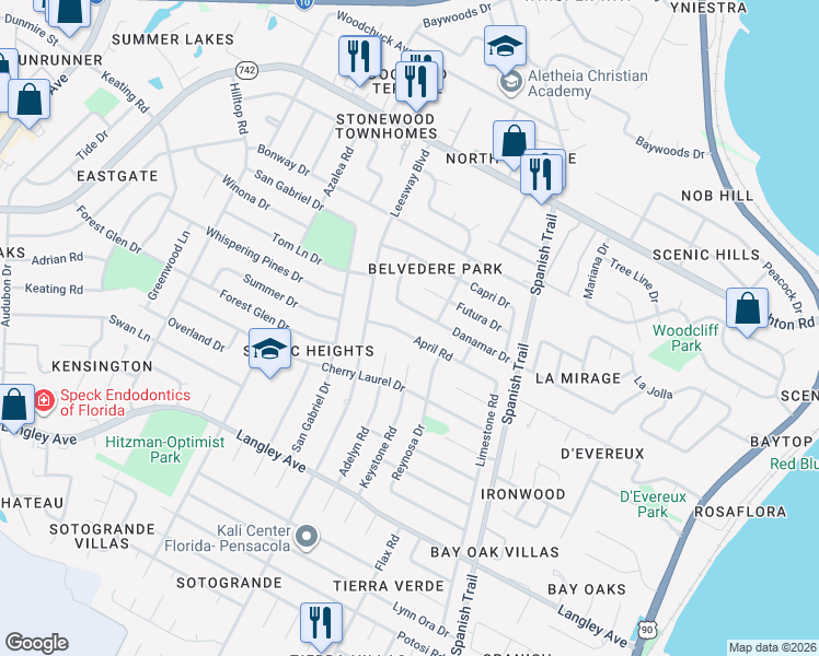 map of restaurants, bars, coffee shops, grocery stores, and more near 5970 Adelyn Road in Pensacola