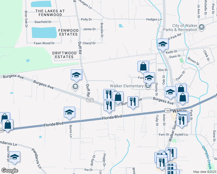 map of restaurants, bars, coffee shops, grocery stores, and more near 30116 Huntington Place in Walker