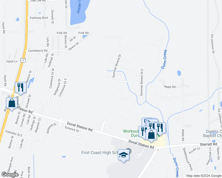 map of restaurants, bars, coffee shops, grocery stores, and more near 14108 Summer Breeze Drive in Jacksonville