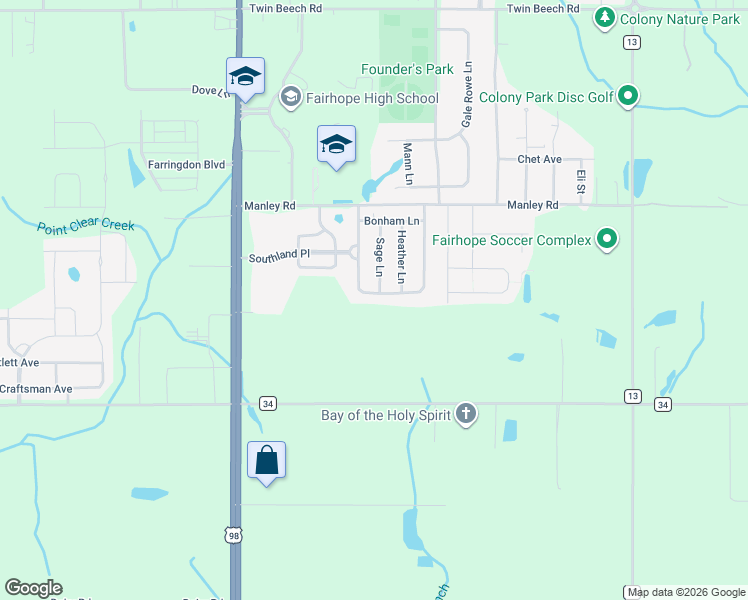 map of restaurants, bars, coffee shops, grocery stores, and more near 153 Pemberton Loop in Fairhope