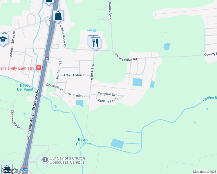 map of restaurants, bars, coffee shops, grocery stores, and more near Suzanne Dejean Drive in Opelousas