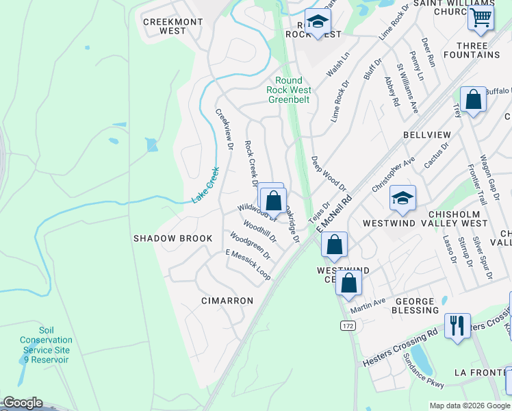map of restaurants, bars, coffee shops, grocery stores, and more near 1606 Wildwood Drive in Round Rock