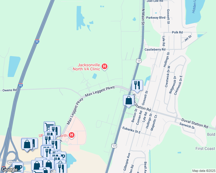 map of restaurants, bars, coffee shops, grocery stores, and more near 15868-15898 Max Leggett Parkway in Jacksonville