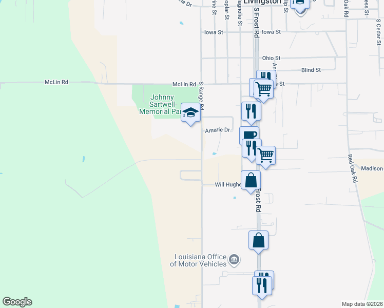 map of restaurants, bars, coffee shops, grocery stores, and more near 29077 South Range Road in Livingston