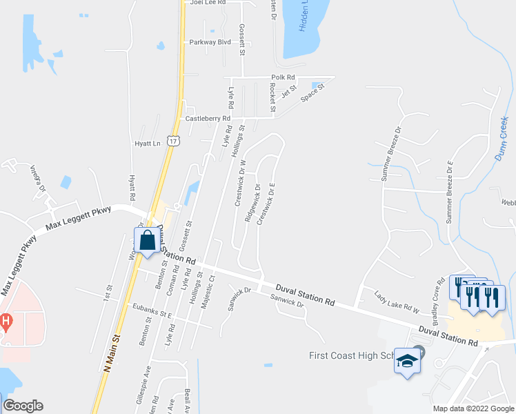 map of restaurants, bars, coffee shops, grocery stores, and more near 14015 Ridgewick Drive in Jacksonville