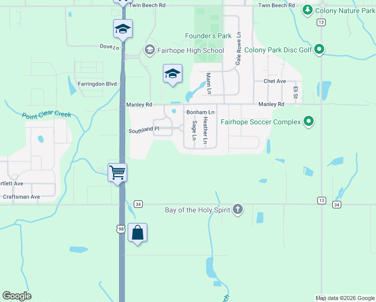 map of restaurants, bars, coffee shops, grocery stores, and more near 153 Pemberton Loop in Fairhope