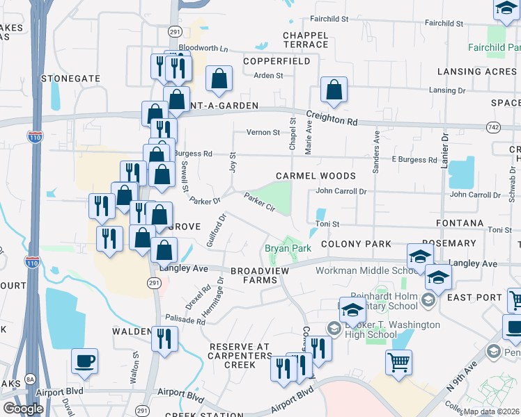 map of restaurants, bars, coffee shops, grocery stores, and more near 625 Parker Circle in Pensacola
