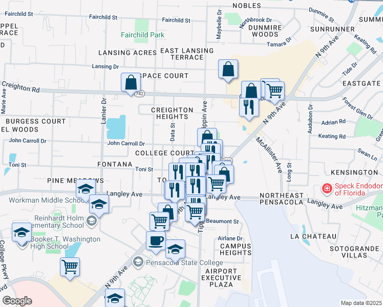 map of restaurants, bars, coffee shops, grocery stores, and more near 6453 Concord Way in Pensacola