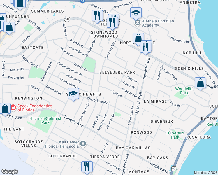 map of restaurants, bars, coffee shops, grocery stores, and more near 5970 Adelyn Road in Pensacola