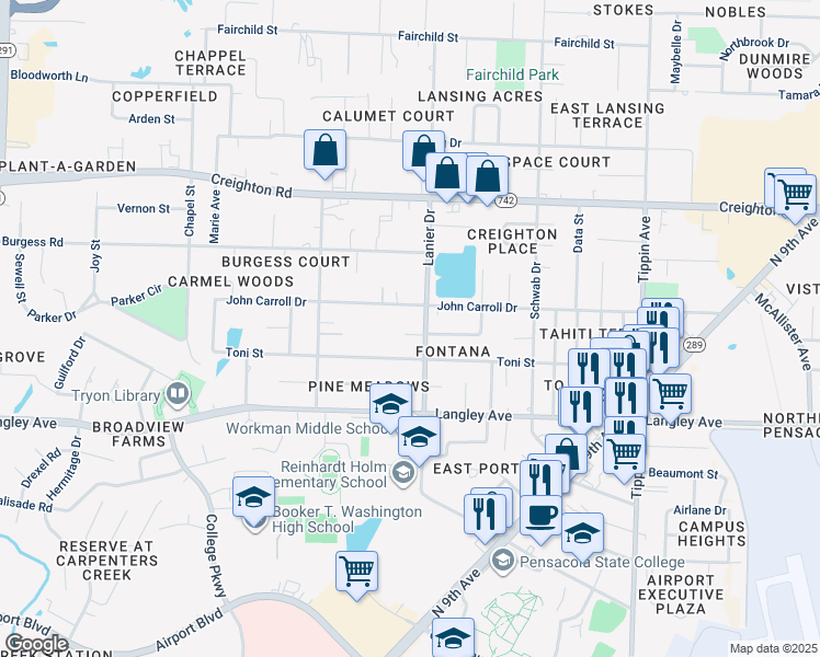 map of restaurants, bars, coffee shops, grocery stores, and more near 6417 Lanier Drive in Pensacola
