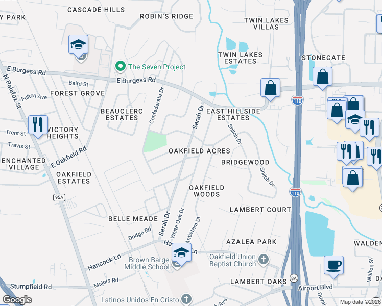 map of restaurants, bars, coffee shops, grocery stores, and more near 6536 White Oak Drive in Pensacola