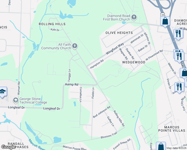 map of restaurants, bars, coffee shops, grocery stores, and more near 7044 Rolling Hills Road in Pensacola