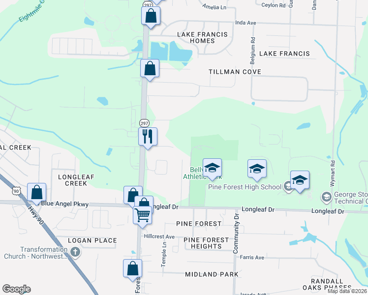 map of restaurants, bars, coffee shops, grocery stores, and more near 7029 Nathan Road in Pensacola