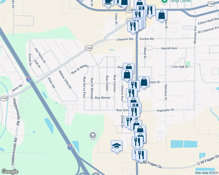 map of restaurants, bars, coffee shops, grocery stores, and more near 907 Rue Cannes in Hammond