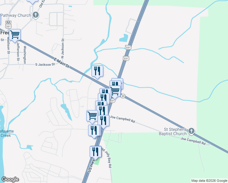 map of restaurants, bars, coffee shops, grocery stores, and more near 15284 U.S. 331 in Freeport