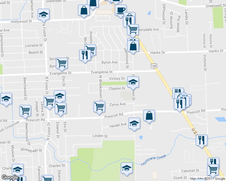 map of restaurants, bars, coffee shops, grocery stores, and more near 5936 Clayton Drive in Baton Rouge