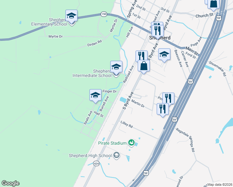 map of restaurants, bars, coffee shops, grocery stores, and more near 610 Railroad Avenue in Shepherd