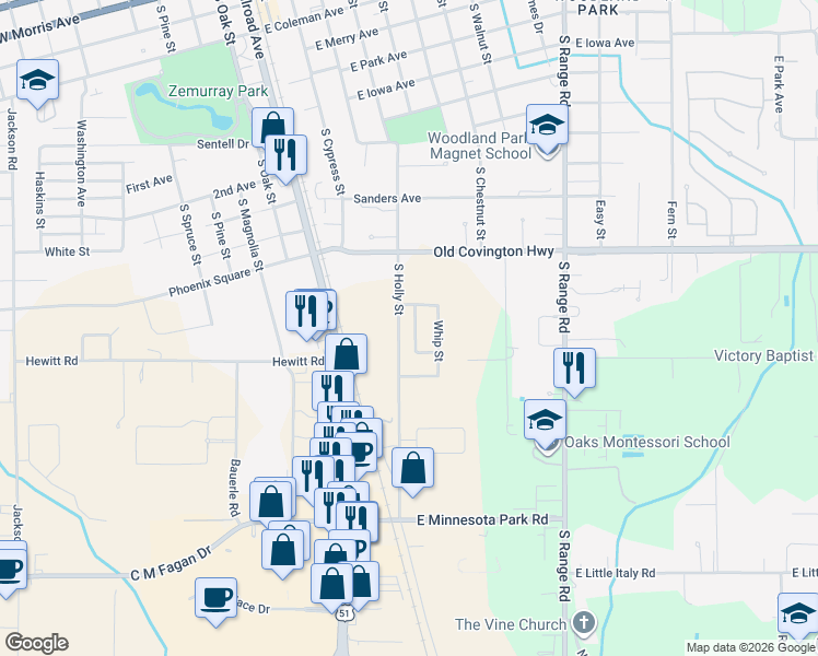 map of restaurants, bars, coffee shops, grocery stores, and more near 1520 Raston Drive in Hammond