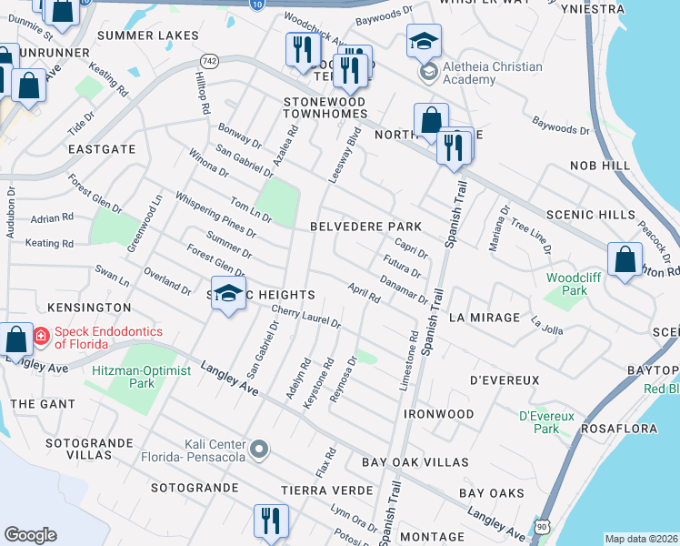 map of restaurants, bars, coffee shops, grocery stores, and more near 5970 Adelyn Road in Pensacola